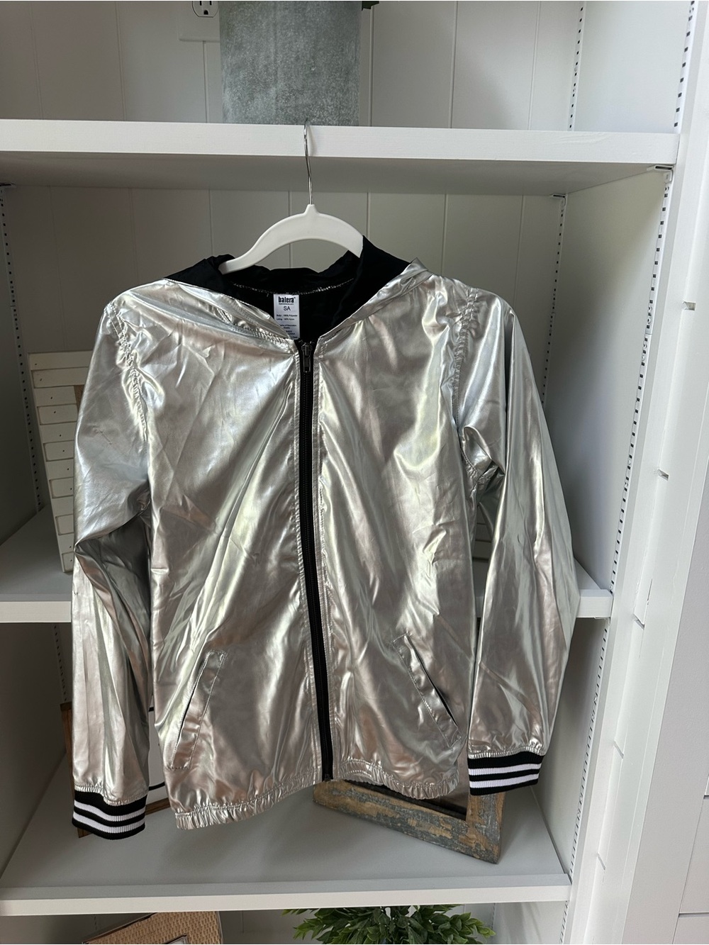 Small Adult Dance Costume Metallic Silver Hooded Windbreaker Jacket and Pants